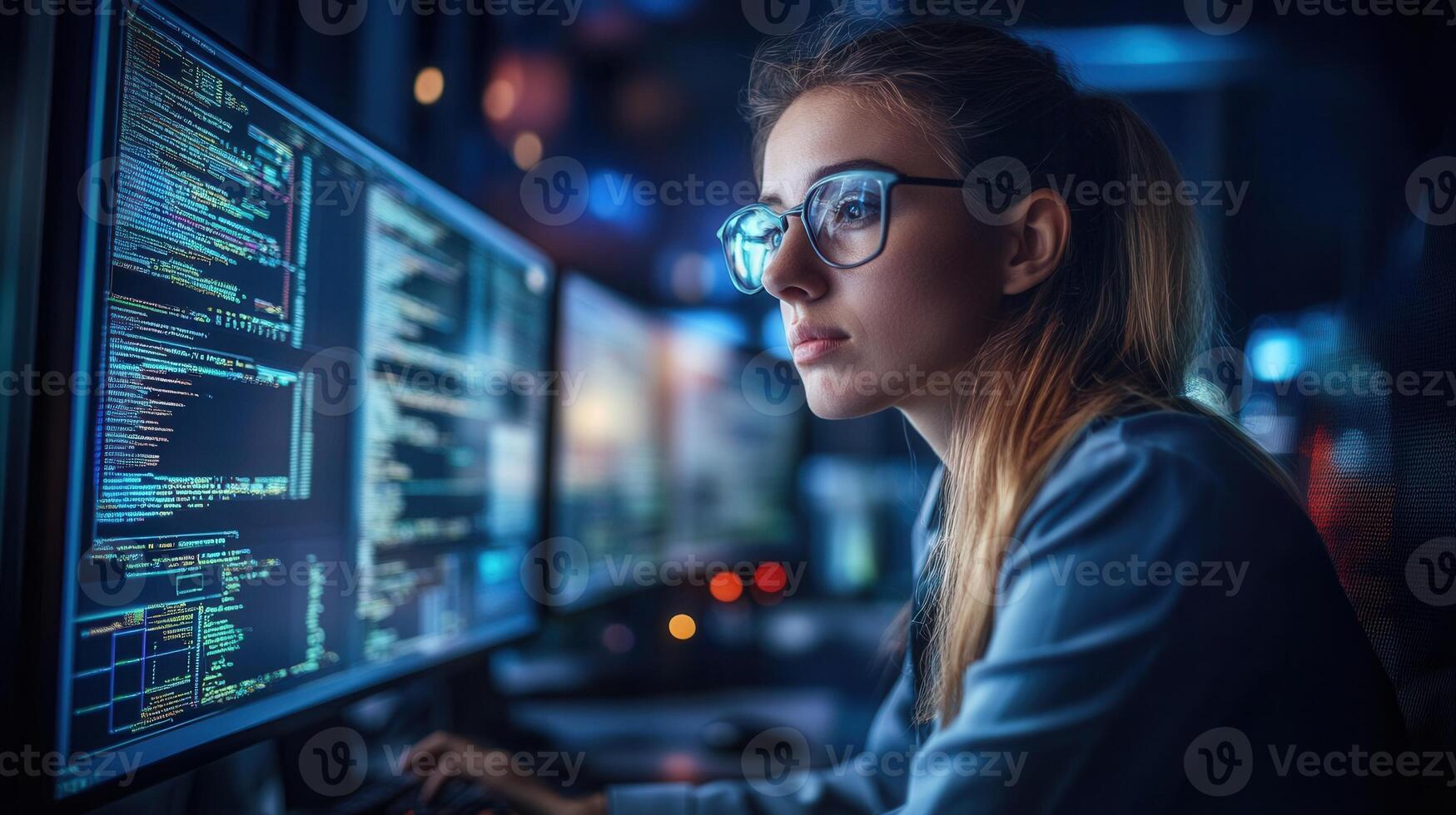 Young woman software engineer working late at night on computer code in office, focused on the task cybersecurity service concept photo