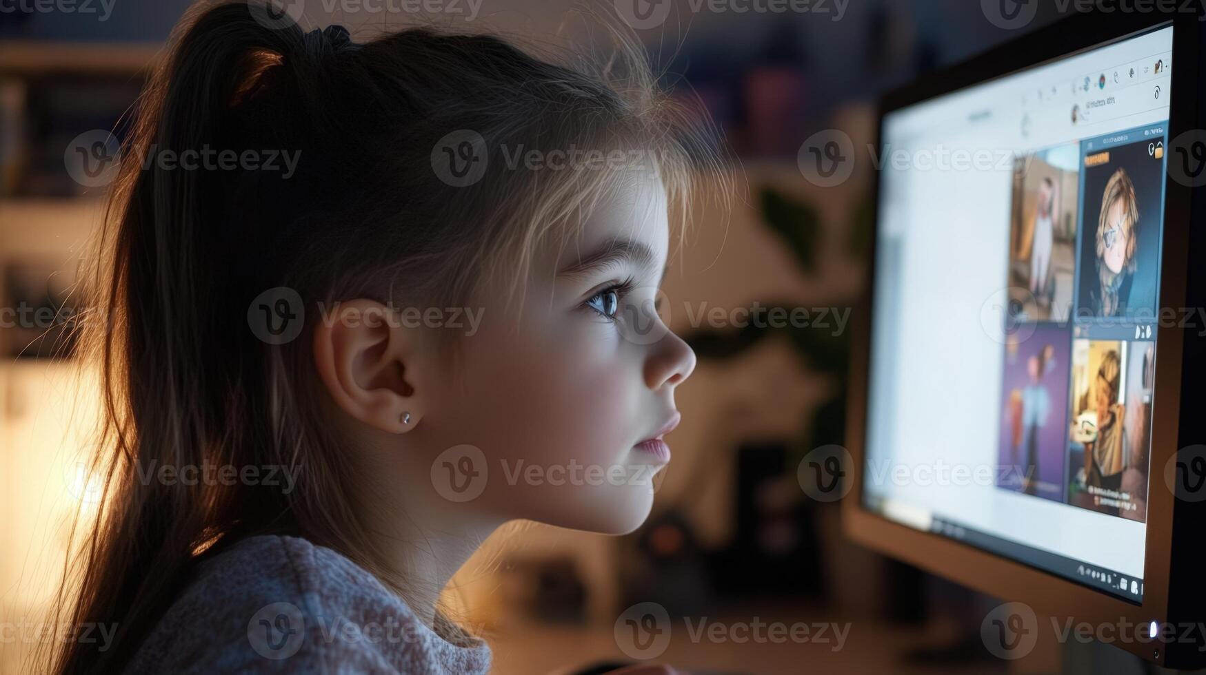 young girl taking in zoom call on desktop computer. picture should be a side profile of start from her shoulder the computer photo