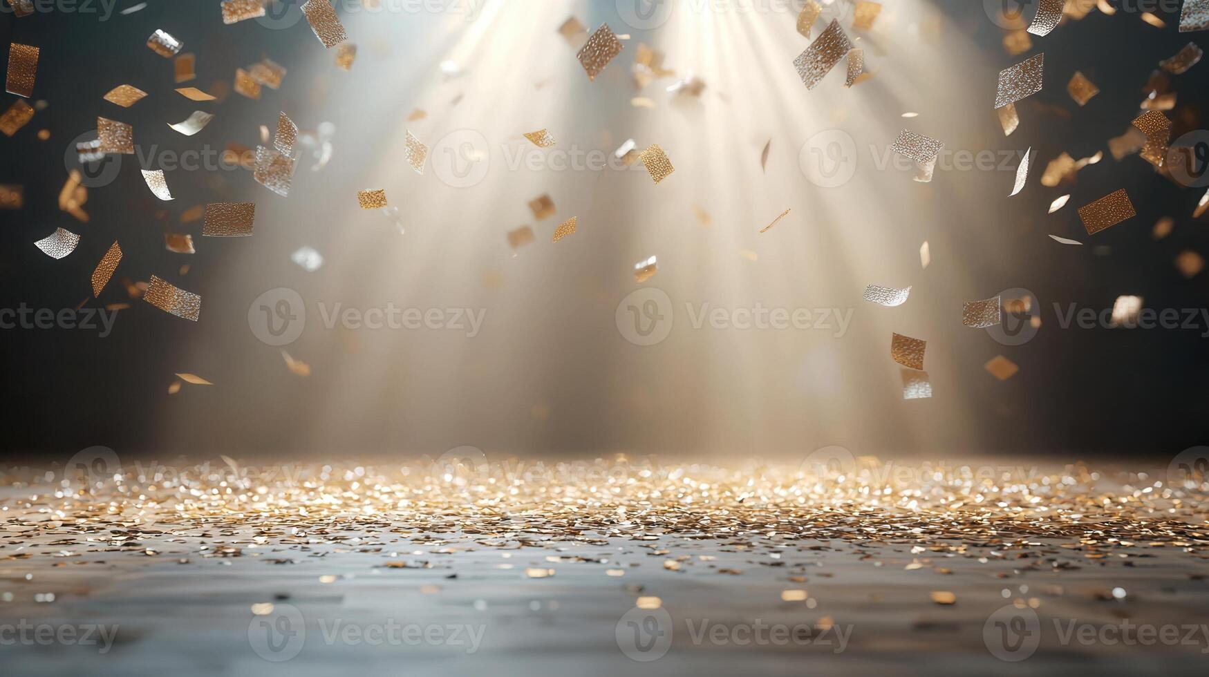 Golden confetti falling onto a festive stage illuminated by spotlights, creating a celebratory atmosphere empty room at night mockup with copy space photo