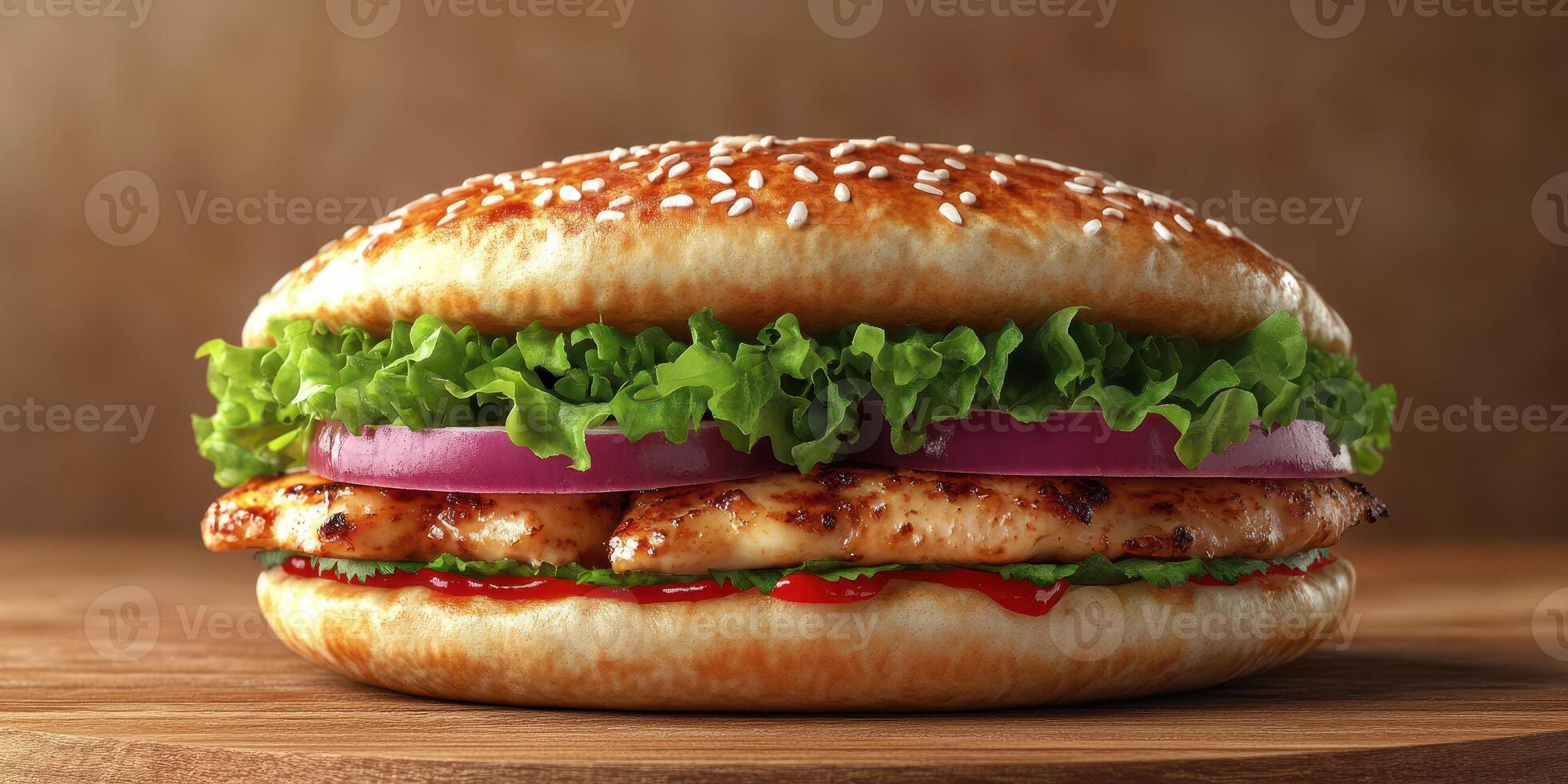Juicy grilled chicken sandwich with fresh vegetables on toasted sesame bun served on wooden table photo
