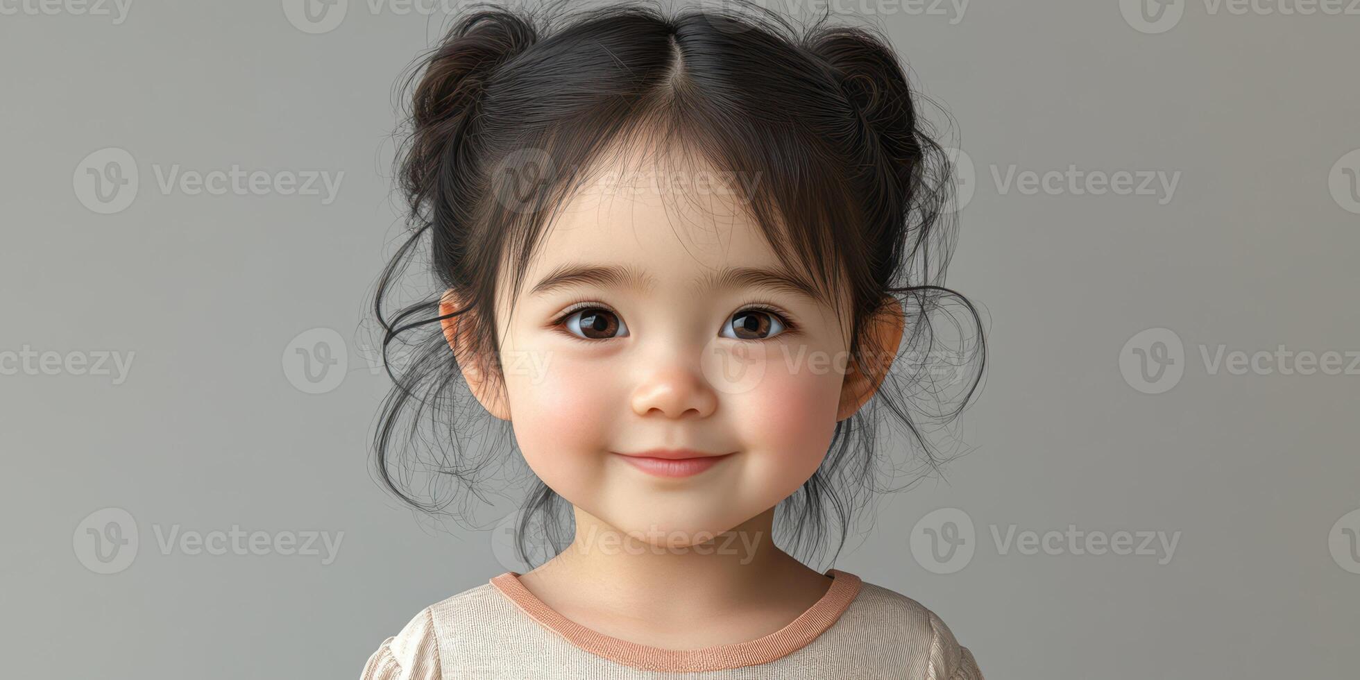 Young girl with playful expression and cute hairstyle poses against a neutral background photo