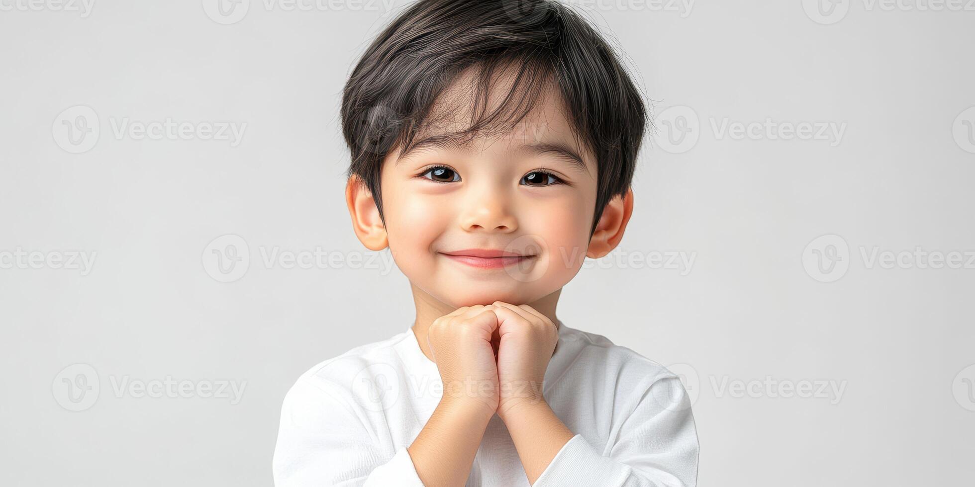 Young child smiles brightly with hands clasped, showcasing a joyful expression indoors in a neutral-toned environment photo
