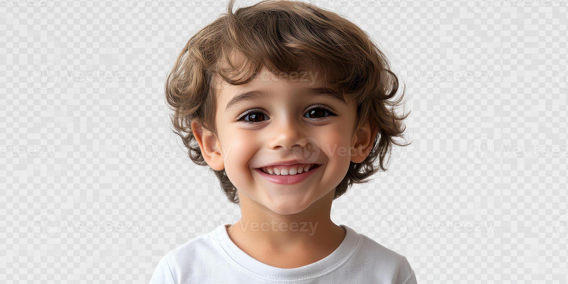 Young boy with curly hair smiling happily in a friendly indoor setting during daytime photo