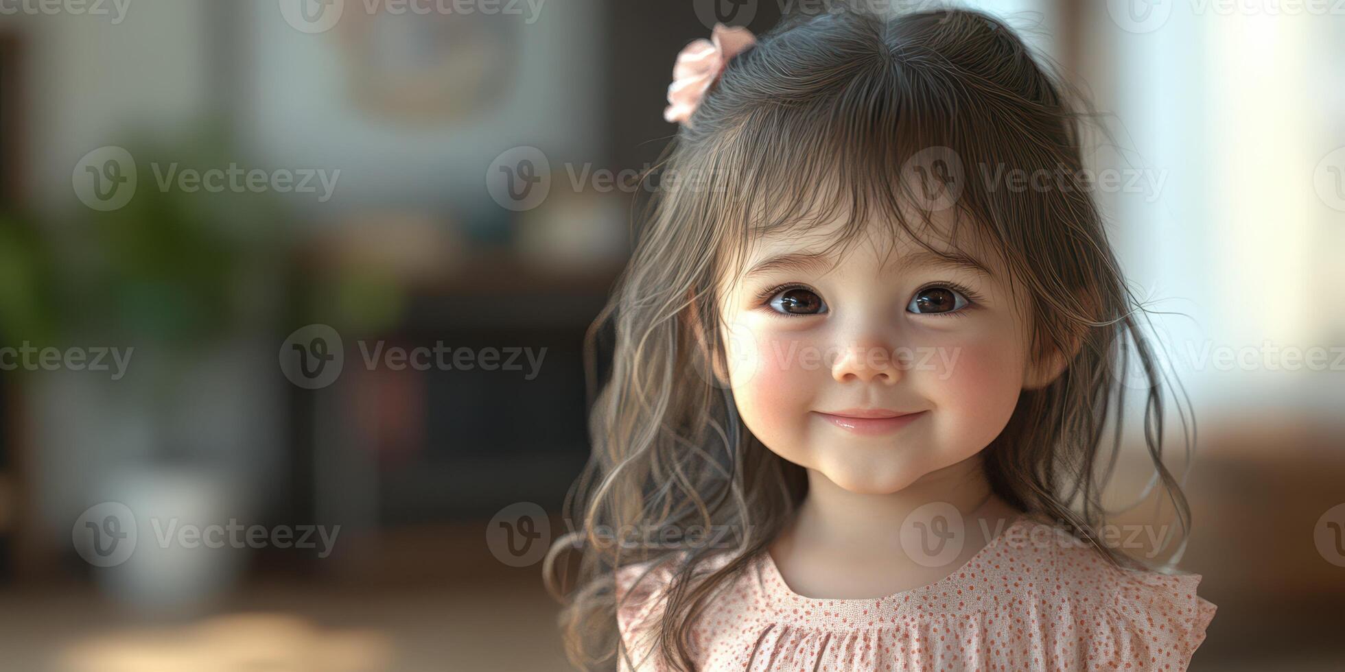 Portrait of a joyful young girl in a cozy indoor setting with natural light and a gentle smile photo