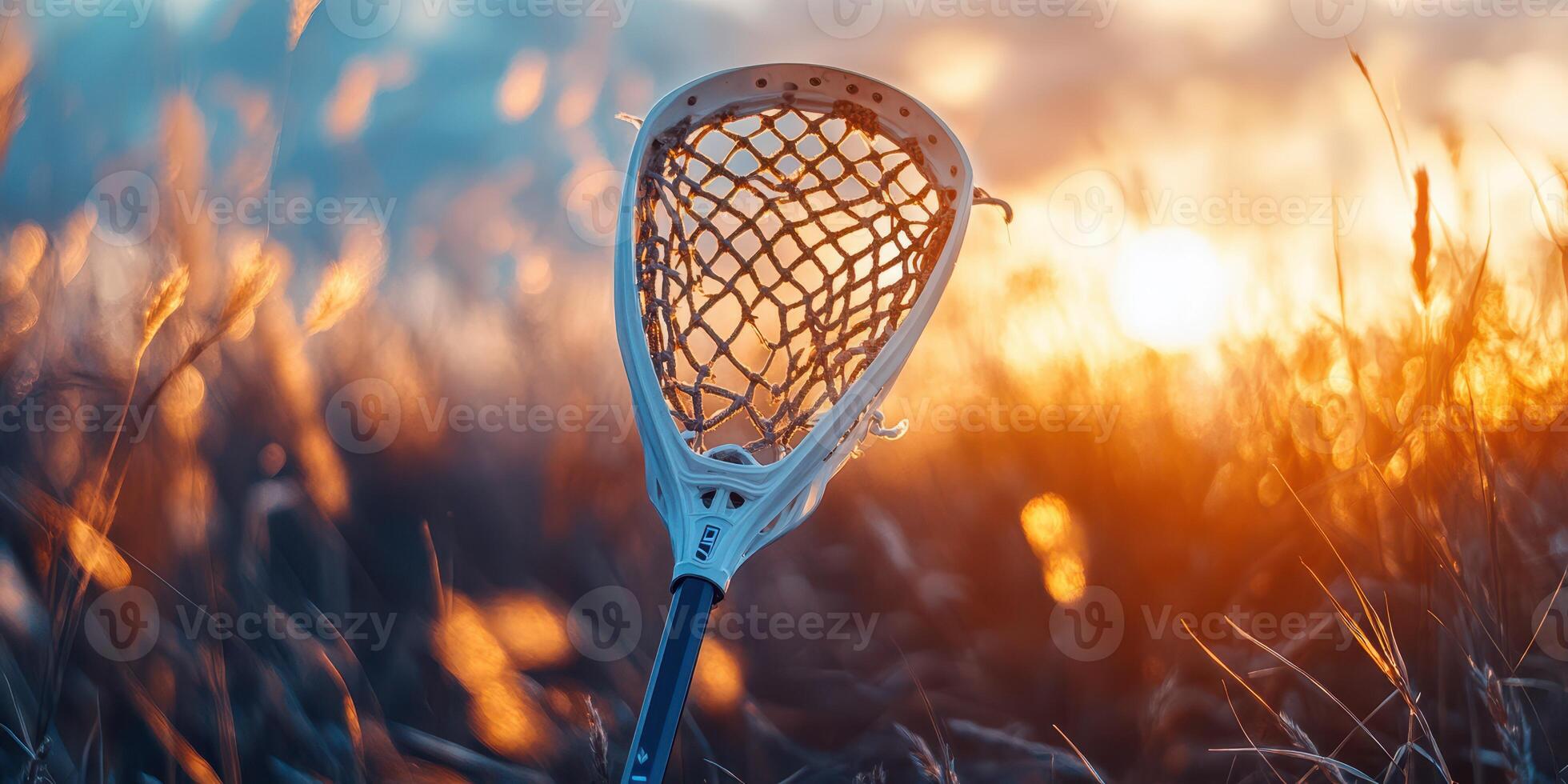 Lacrosse stick against a sunset backdrop in a field with tall grass and soft golden light photo