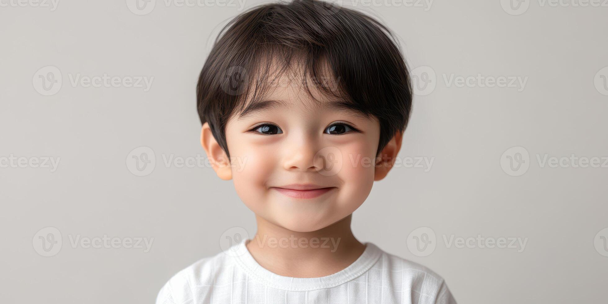 Young child with a bright smile posing against a light background in an indoor setting photo