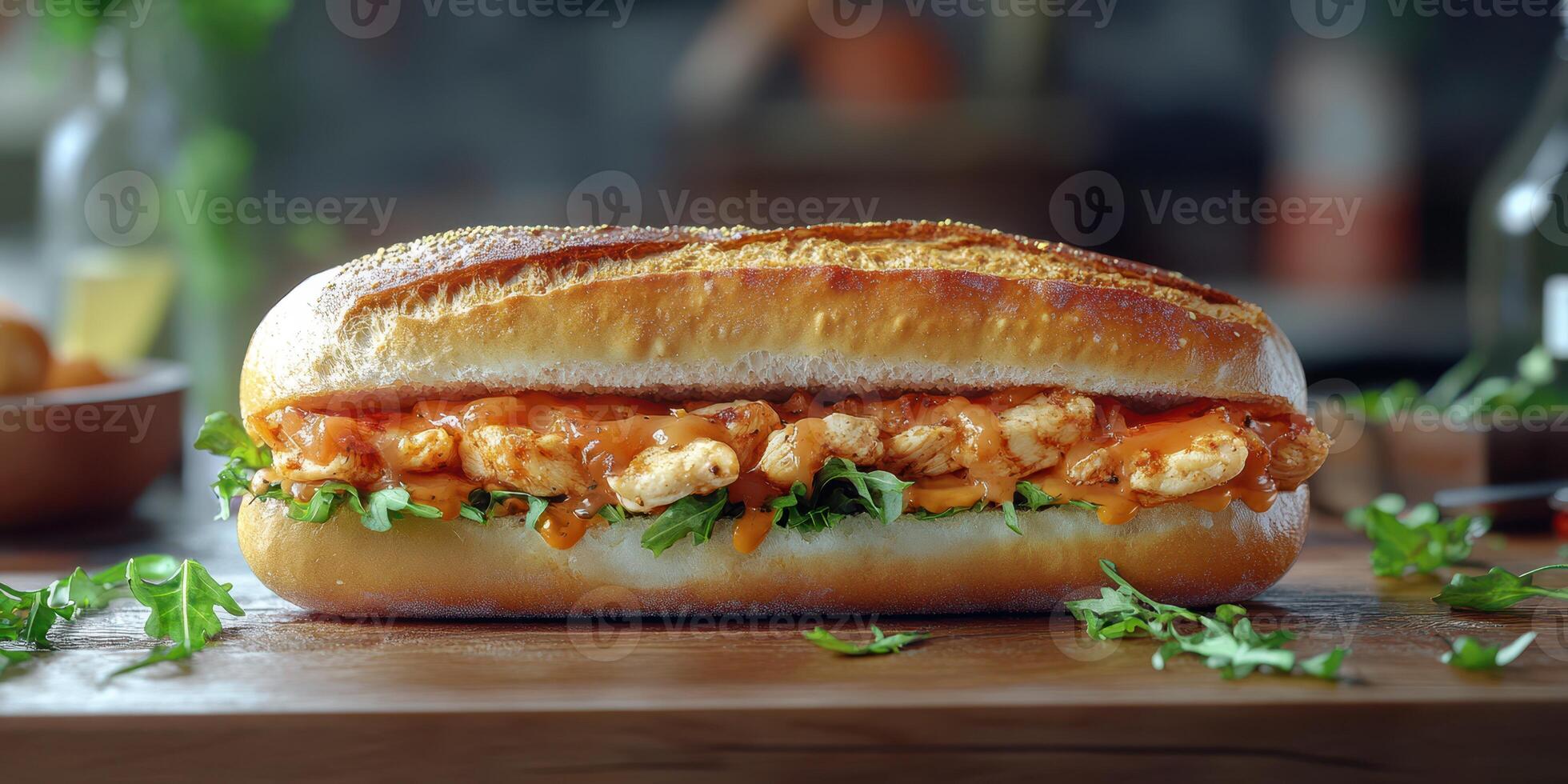 Savory chicken sandwich garnished with fresh herbs displayed on a wooden surface in a rustic kitchen photo