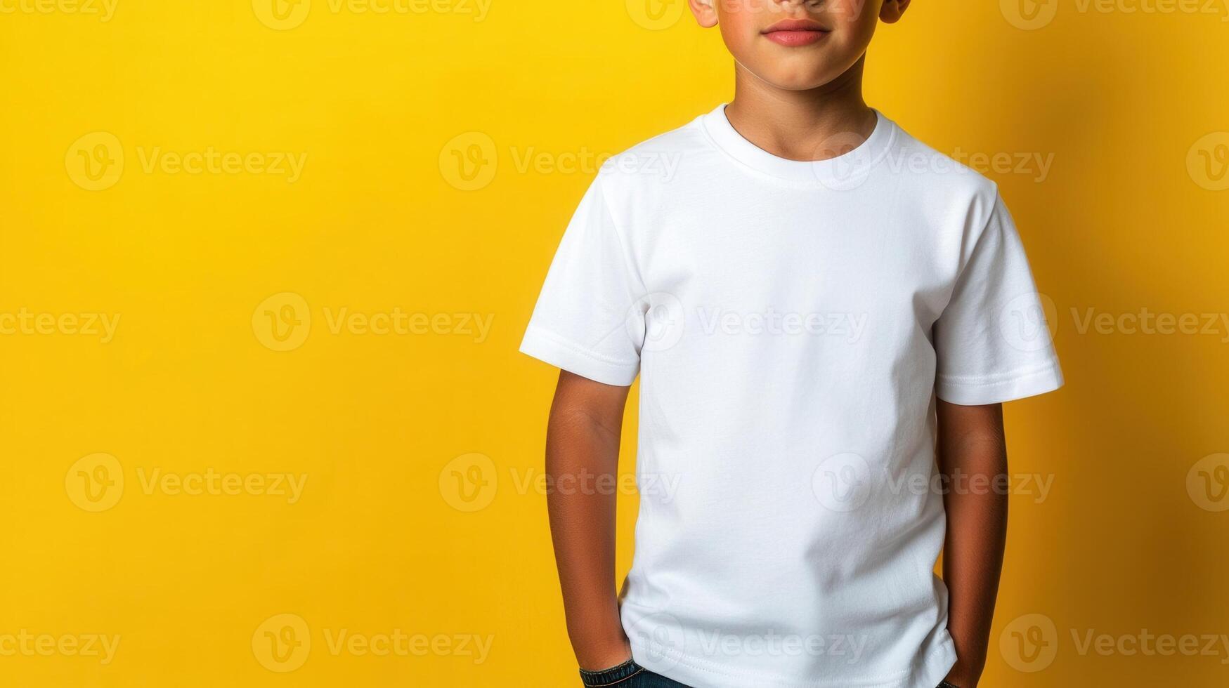 Child wearing plain white t shirt mockup standing against bright yellow background, providing minimalist template for graphic design concepts photo