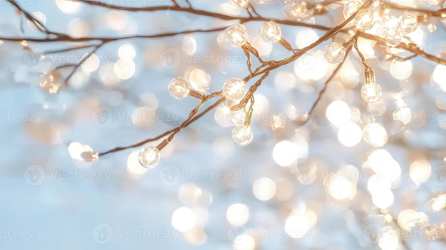 String lights hanging on bare winter branches, creating soft bokeh illumination against pale blue background photo