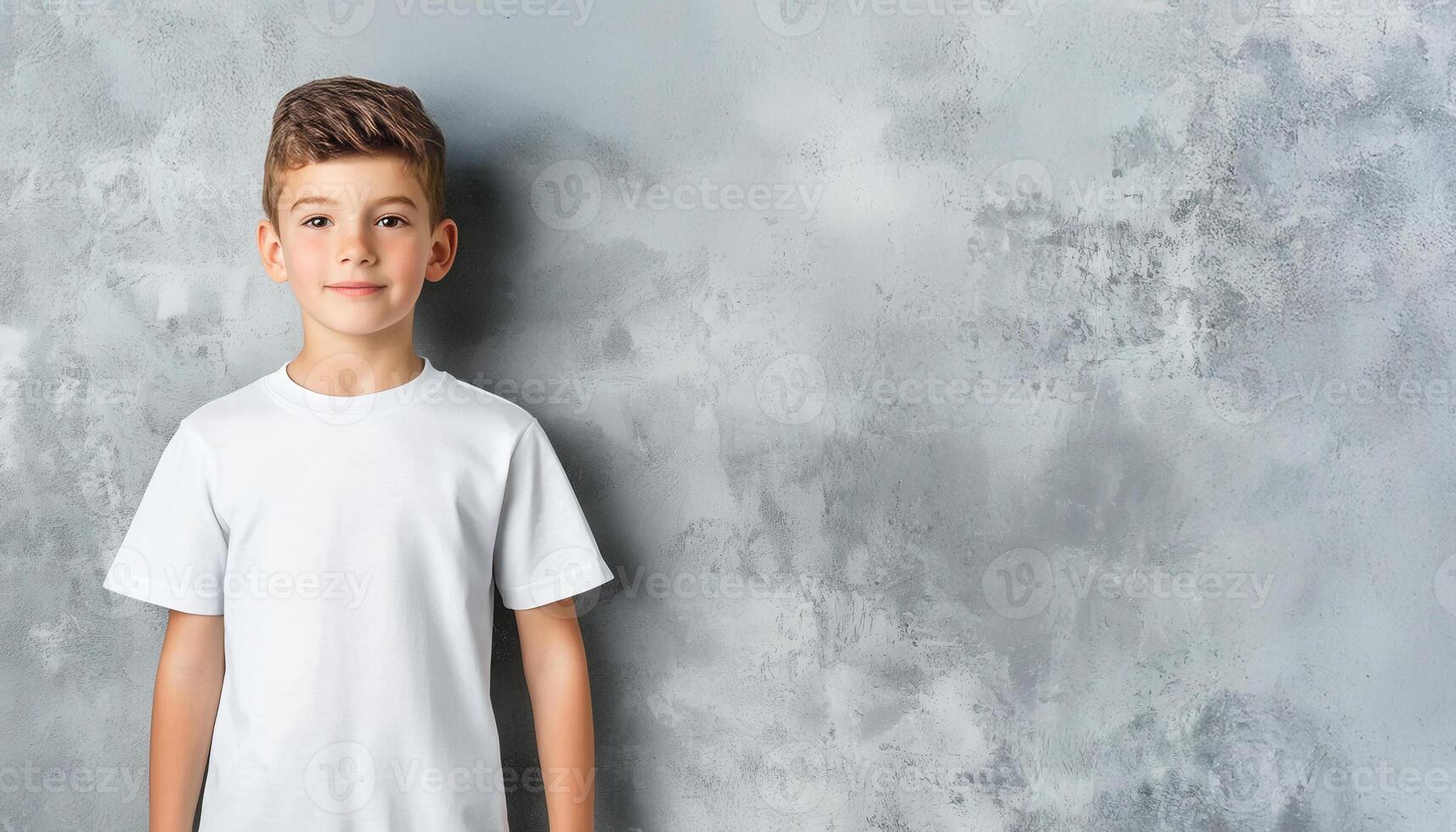 Smiling blond child boy in white t shirt mockup posing confidently during studio photoshoot neutral gray background Design template photo