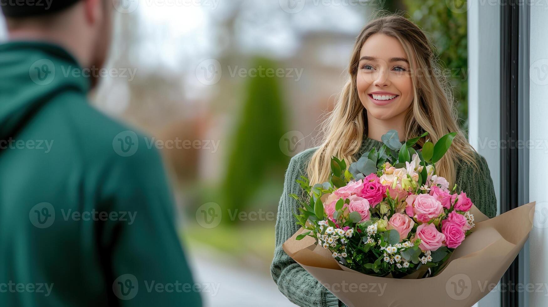 Smiling young woman joyfully receiving a beautiful flower bouquet from a courier delivery man at her front door, brightening her day photo