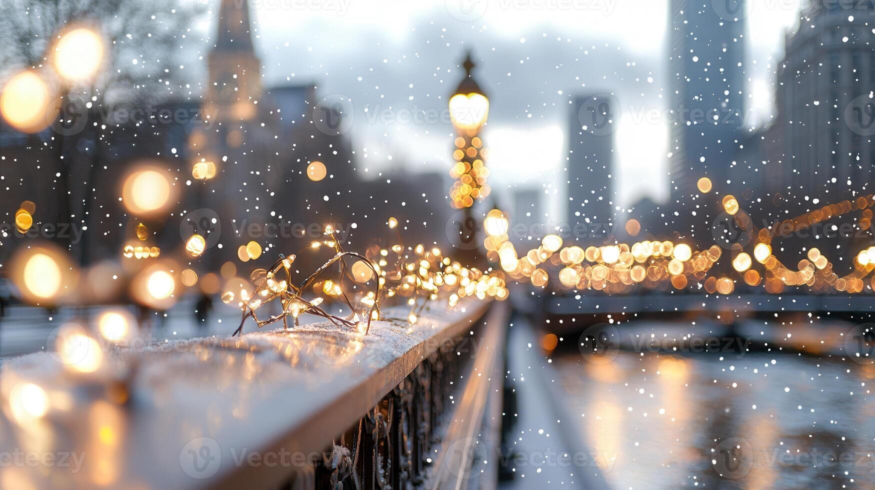 Christmas lights and colorful baubles decorating a snow covered city bridge railing at twilight, with a cityscape and falling in the background photo