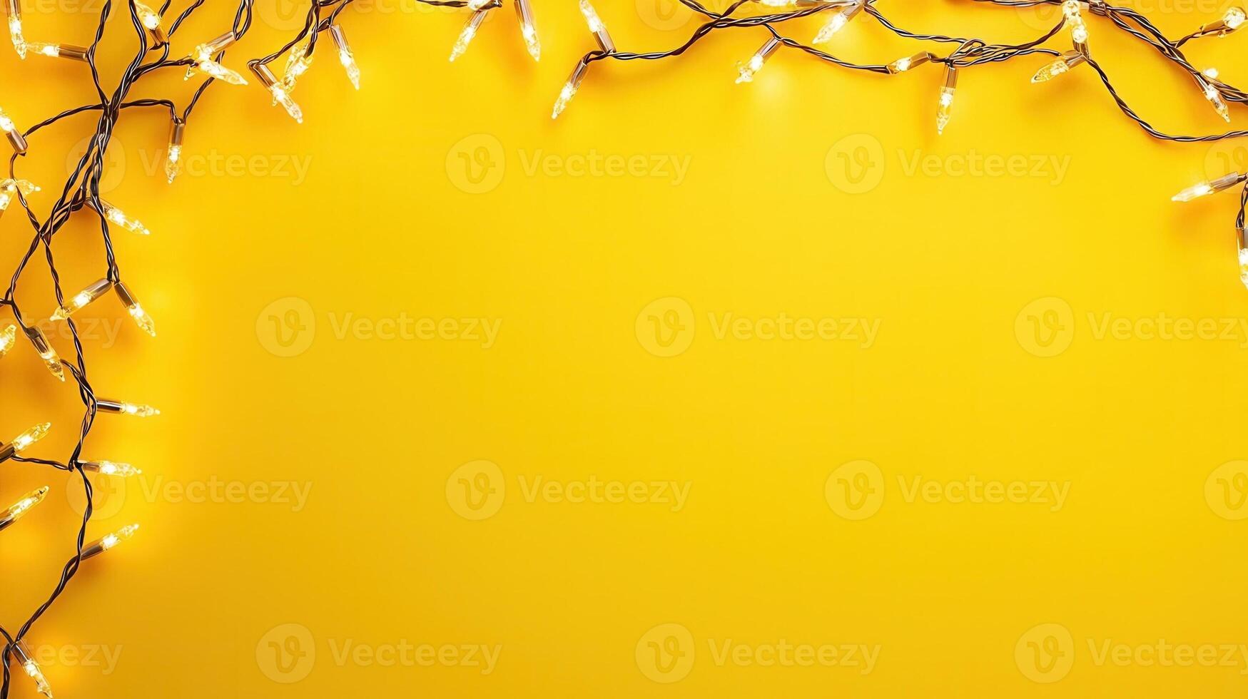 Illuminated evergreen garland framing bright yellow surface, creating warm holiday atmosphere with festive seasonal charm photo