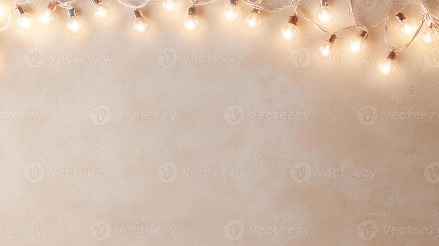 Lit christmas light bulbs hanging from a beige string against a pink wall create a warm, inviting atmosphere background Copy space for text photo