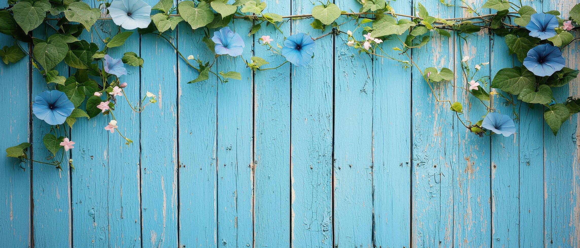 Dew-kissed morning glories climbing a rusty standard vibrant blue background closeup nature photography photo