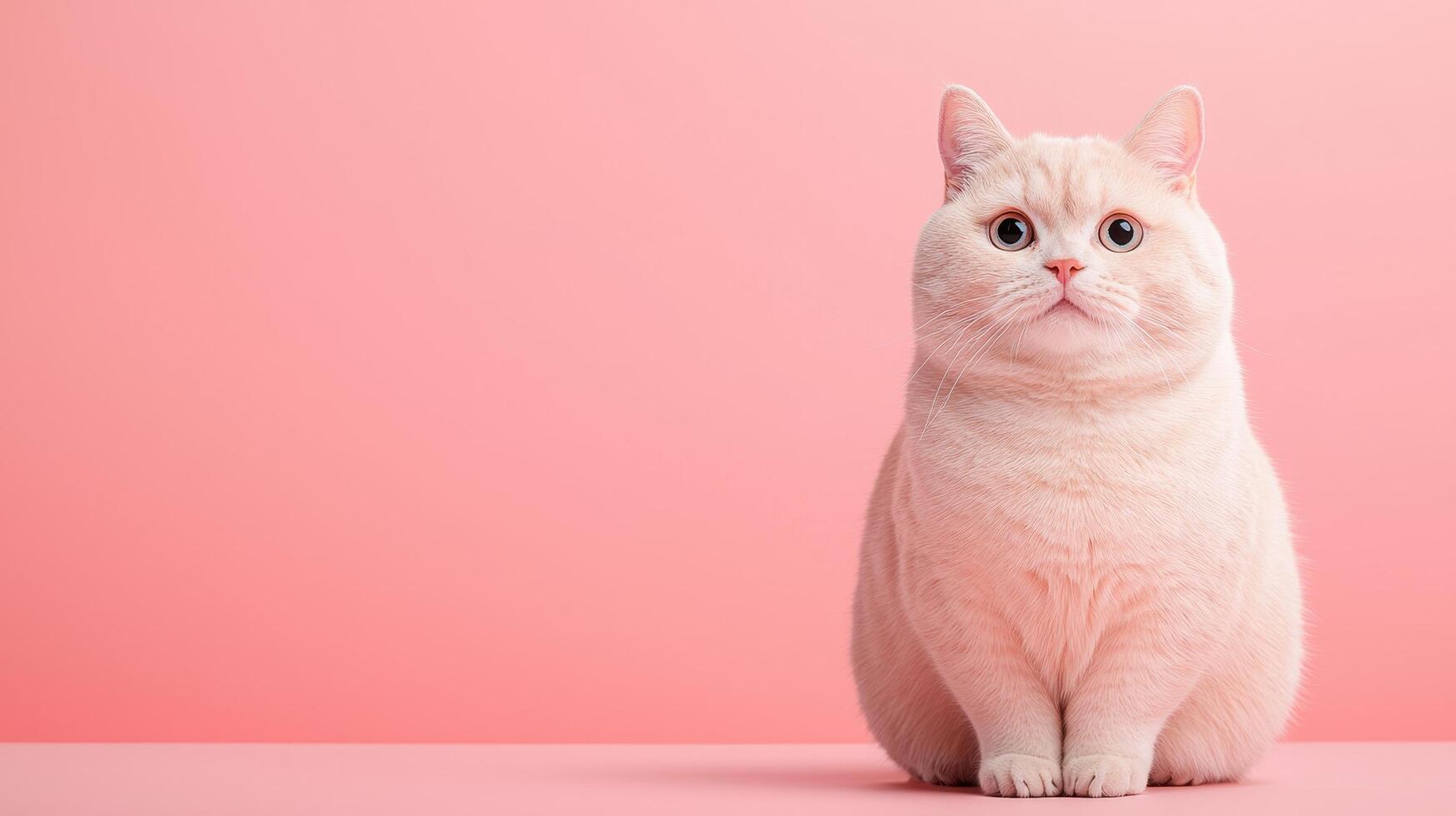 Charming white cat sitting against pink background studio minimalist style indoor front view feline beauty photo