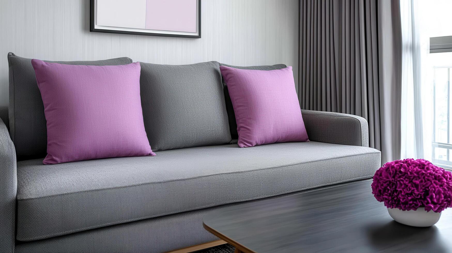 Minimal living room in purple tones urban apartment interior design cozy setting contemporary style photo