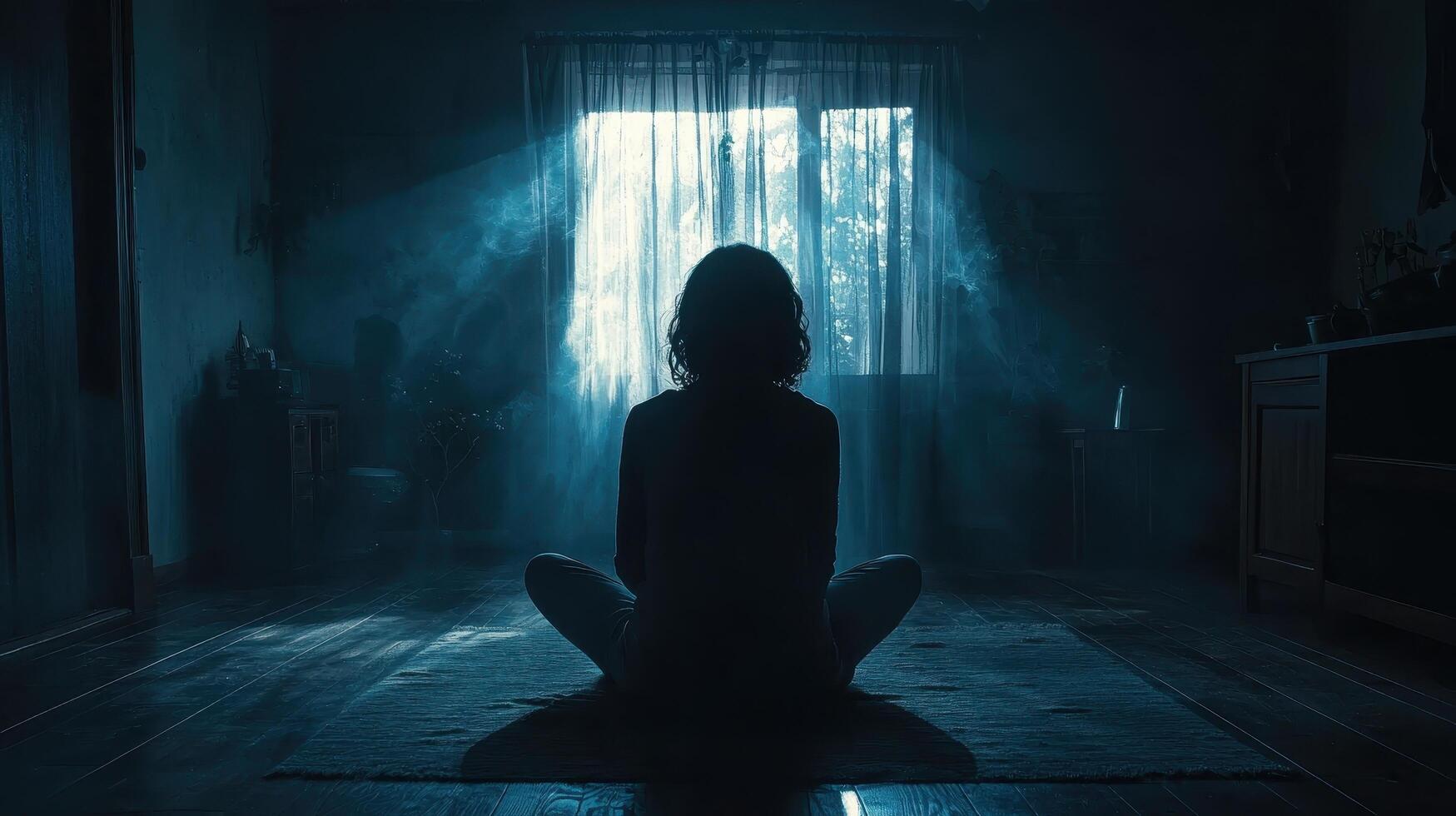 Sad woman's silhouette in a dark room emotional photography intimate environment contemplative viewpoint photo