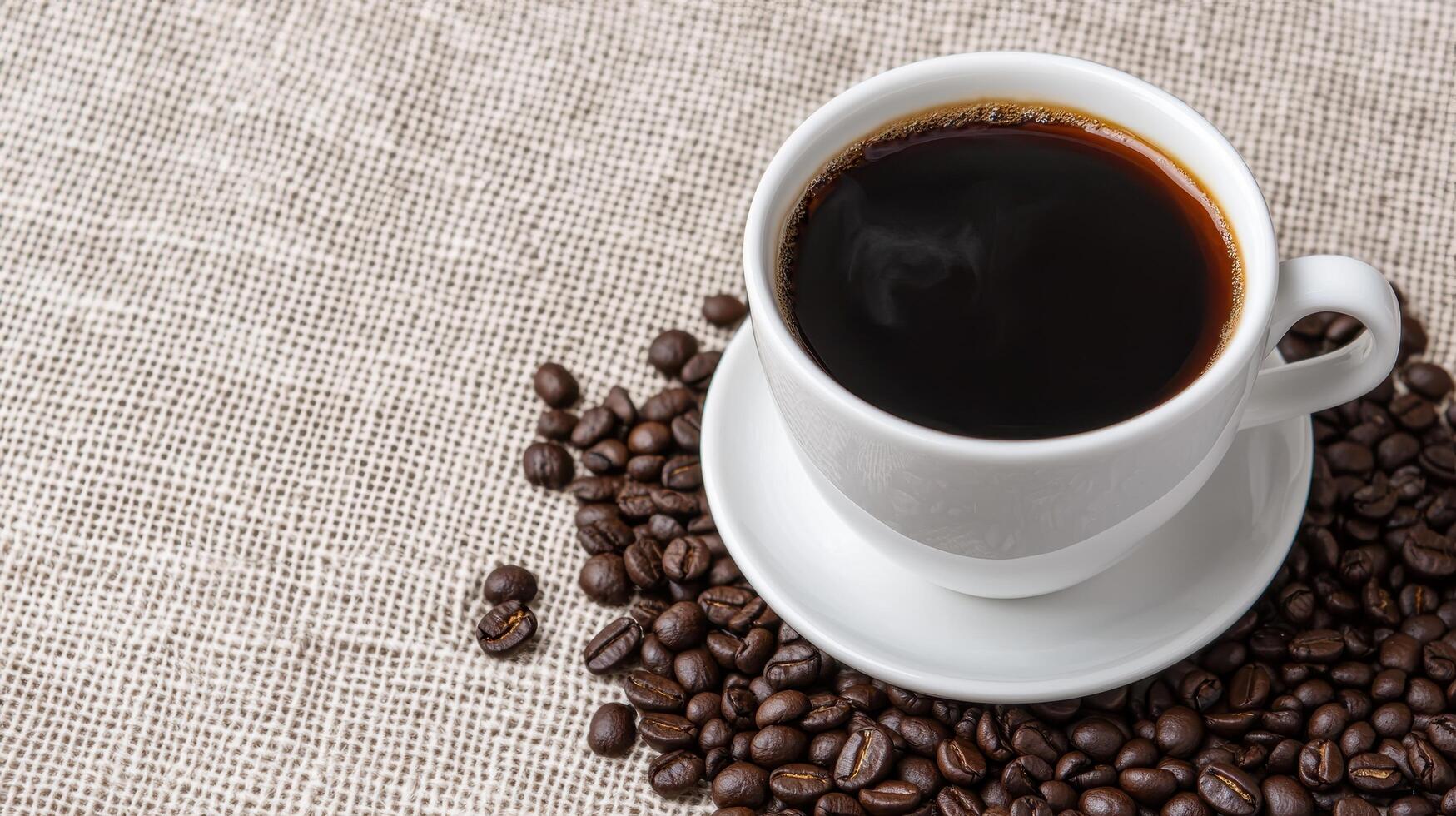 Top view of black coffee cup on Coffee beans and copy space photo