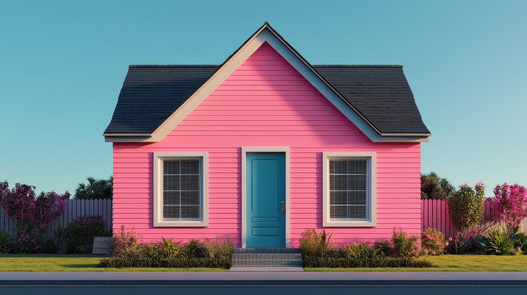 Charming pink house exterior suburban neighborhood photography bright environment front view whimsical concept photo