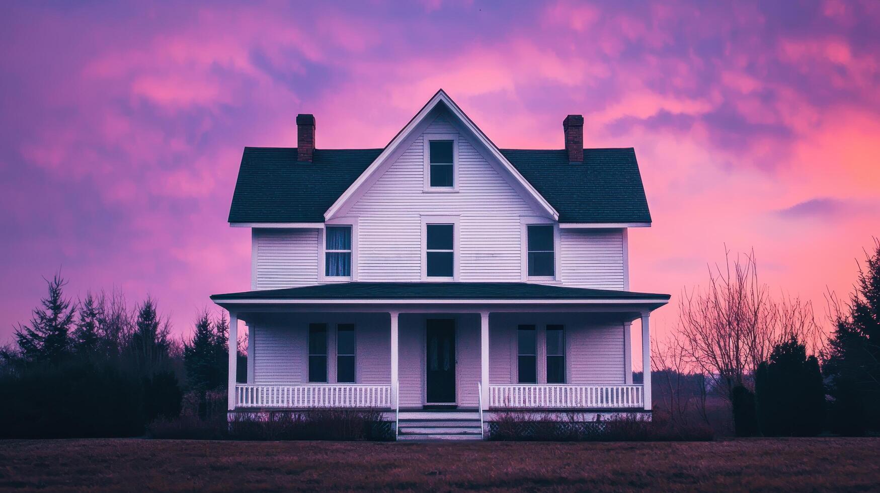 Stunning purple sunset over a charming white house tranquil beach setting photography serene atmosphere photo