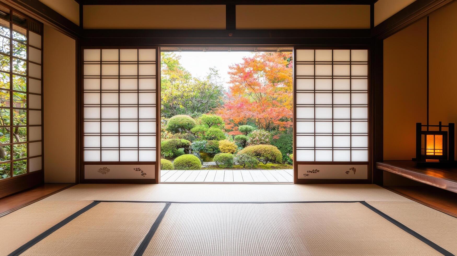 Serene zen living room design traditional japanese home minimalist aesthetic natural environment tranquil viewpoint photo