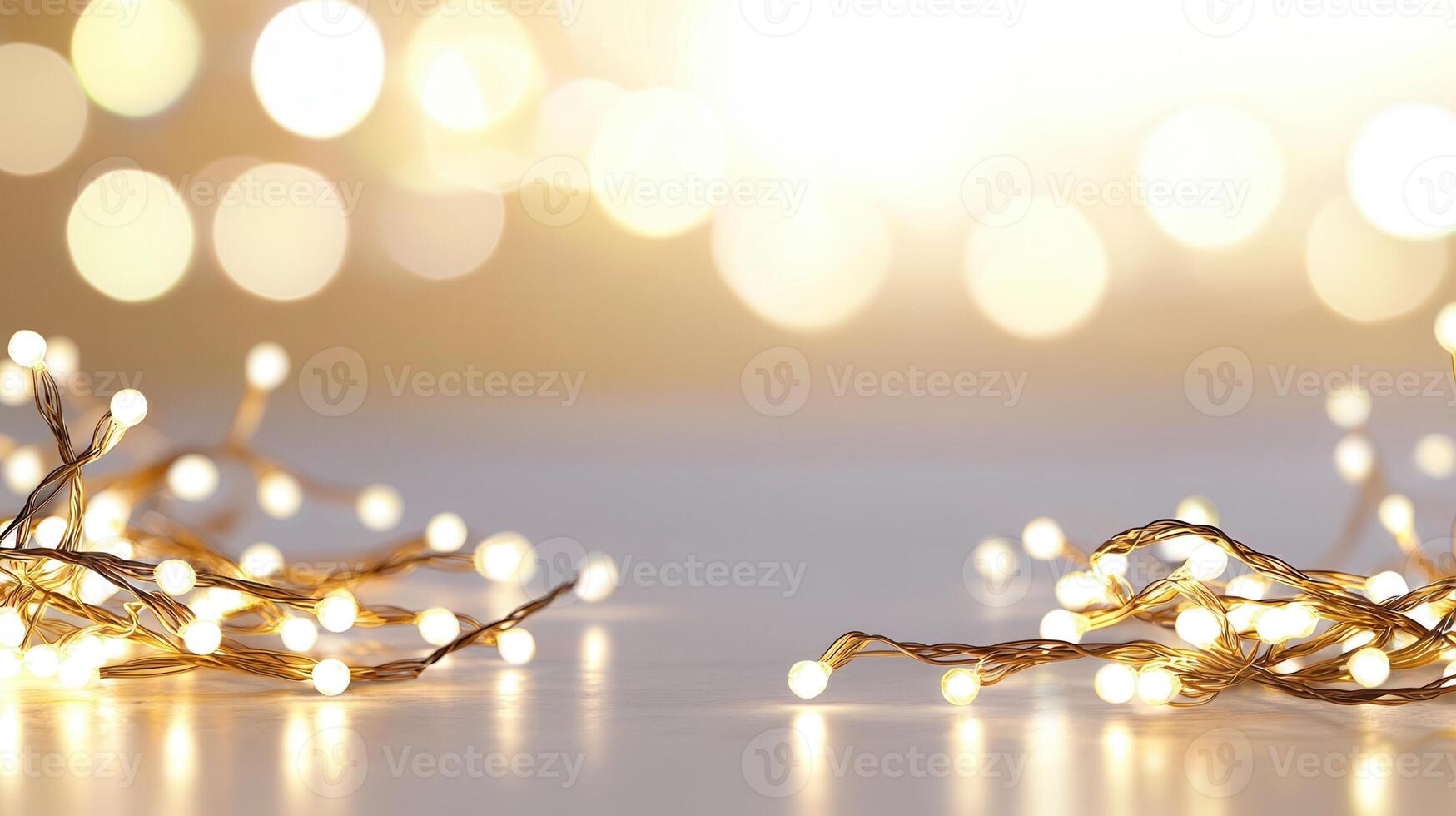 Christmas golden lights illuminating white frosted leaves creating on light background, perfect for winter holidays greeting card photo