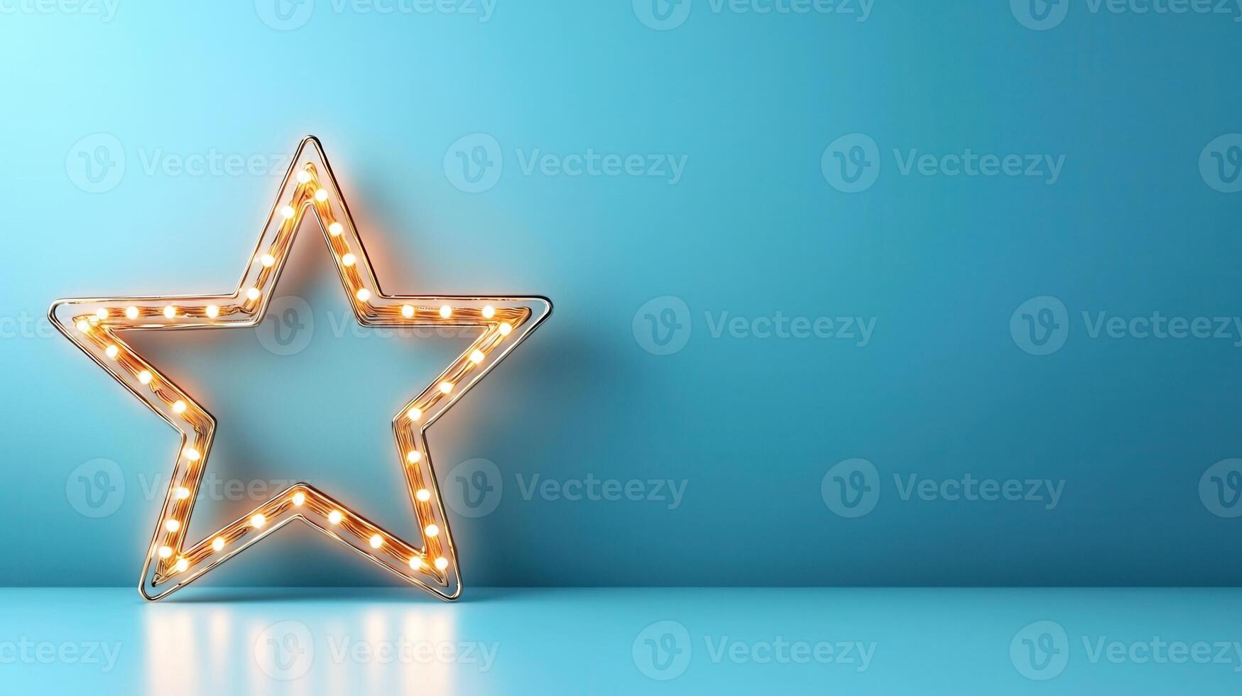 Hollywood star sign illuminating blue backdrop, featuring vintage light bulbs representing creative success and ambitious aspirations background Copy space for text photo