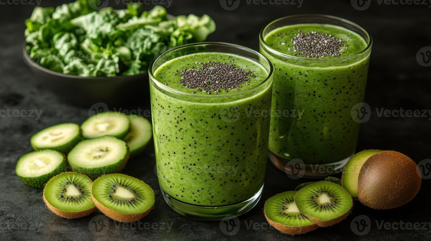 Two glasses of green smoothie with kiwi and kale photo