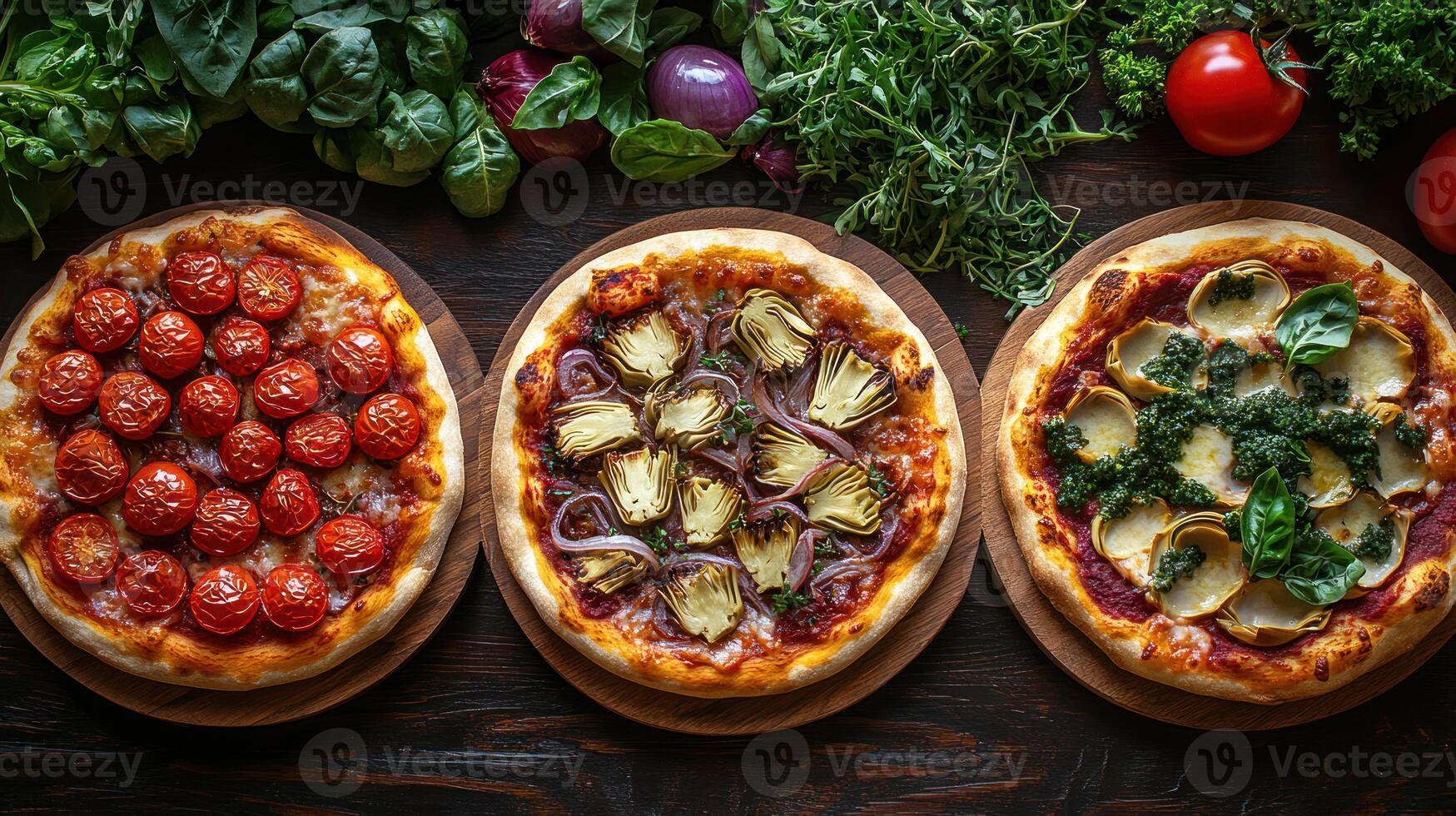 Three pizzas on wooden boards with vegetables photo