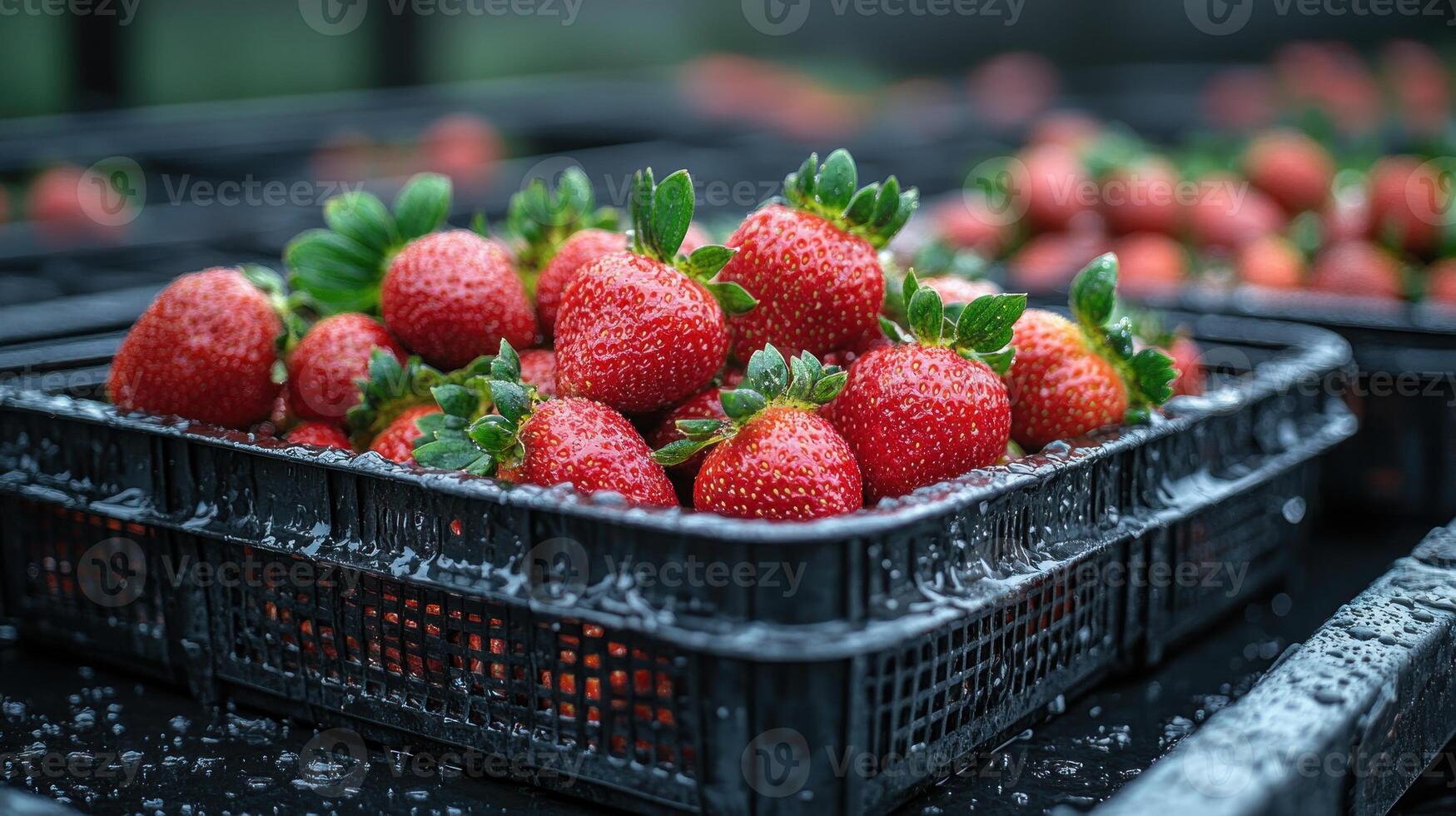 A basket of strawberries is shown in a plastic container photo