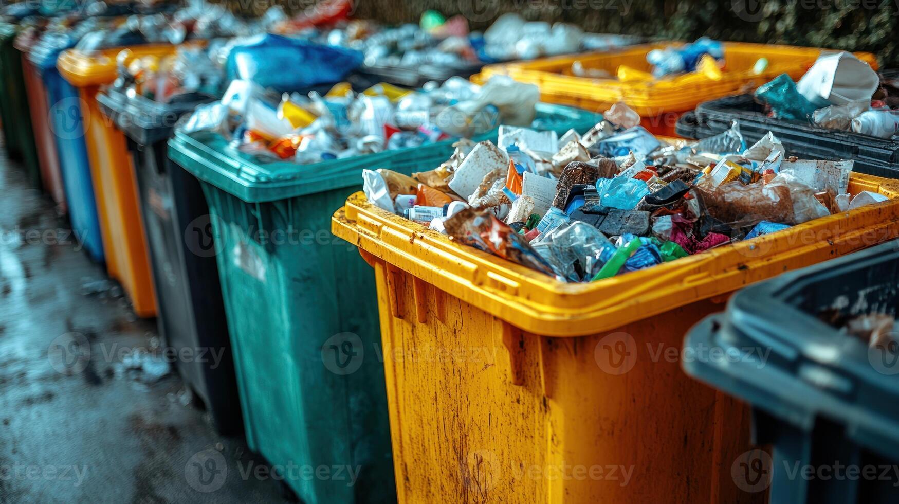 A row of trash cans with different colored containers photo