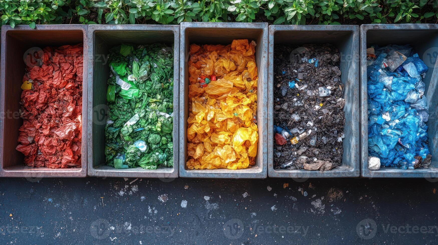 A group of four bins with different colored trash photo