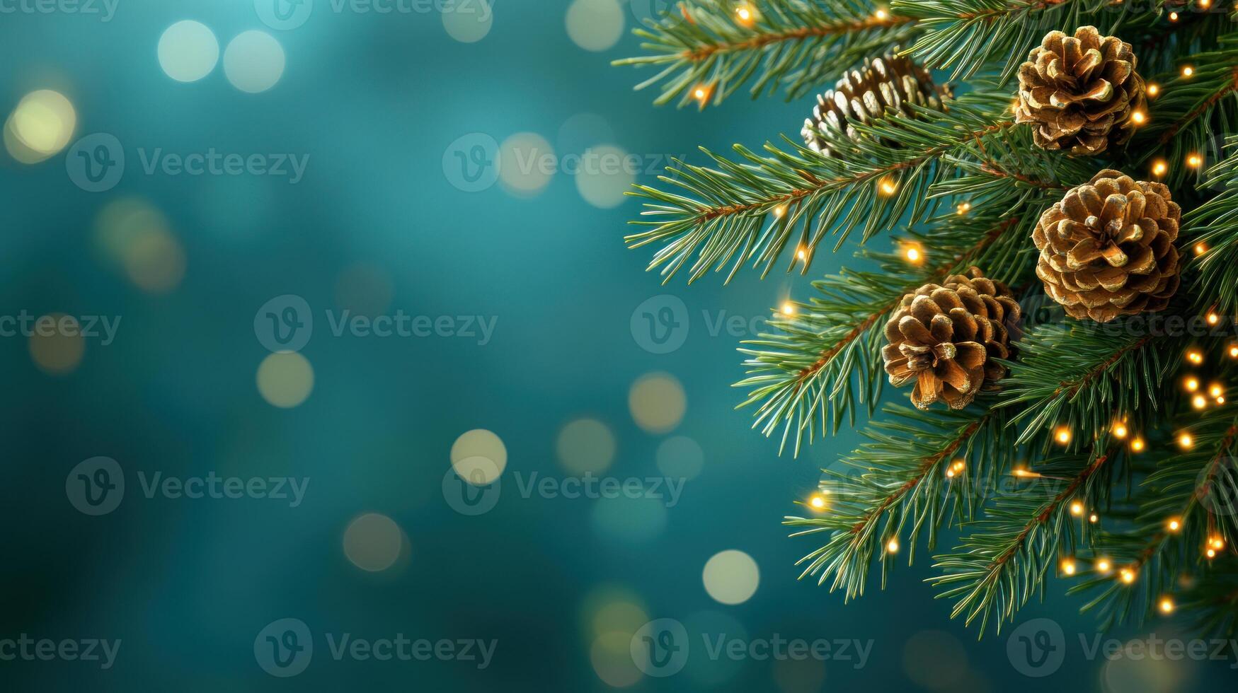 christmas tree with pine cones and lights on blue background photo
