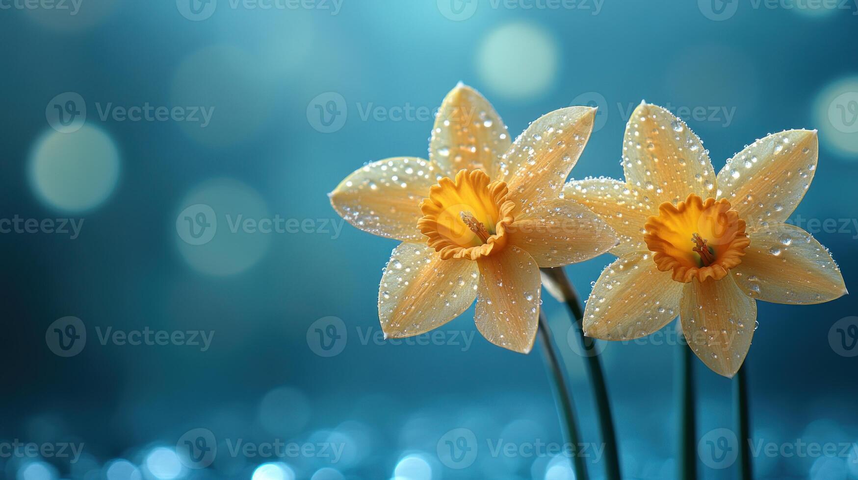 two yellow daffodils with water droplets on the background photo