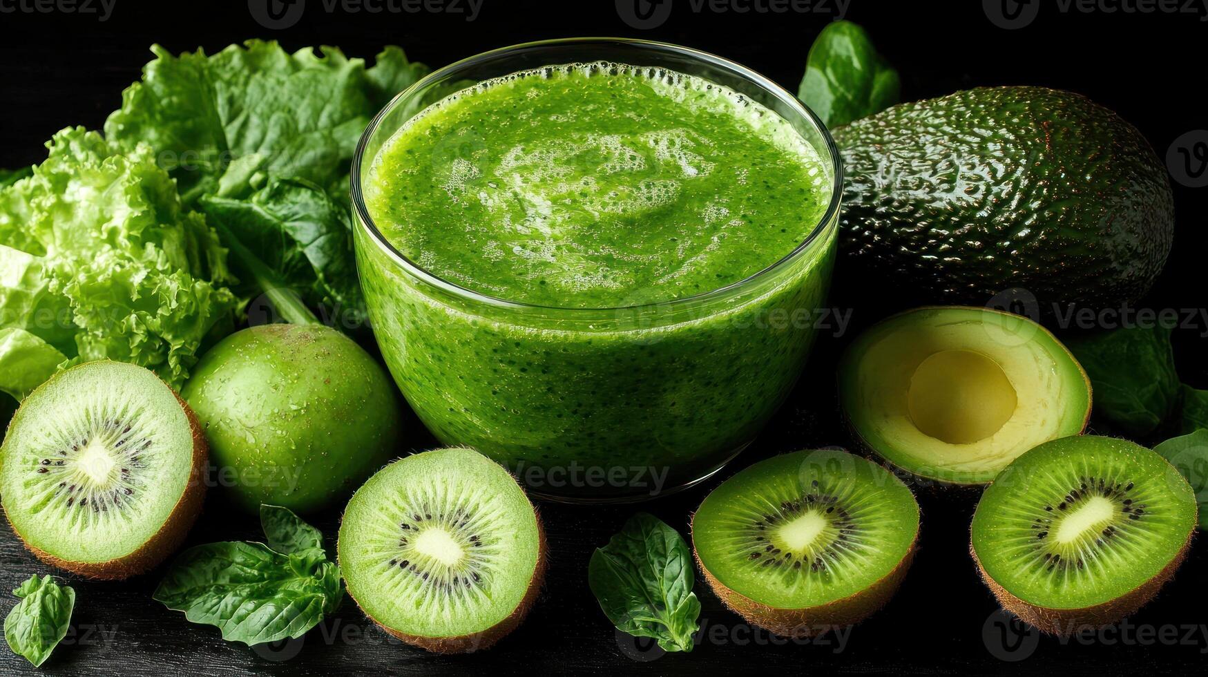 Green smoothie with kiwi, avocado and lettuce photo