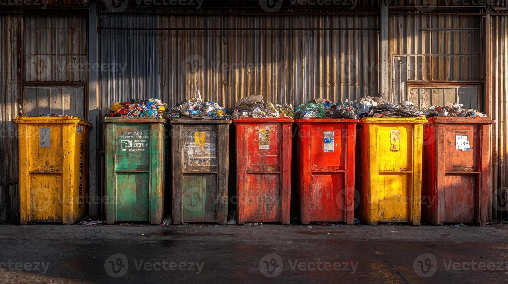 A row of colorful trash cans photo