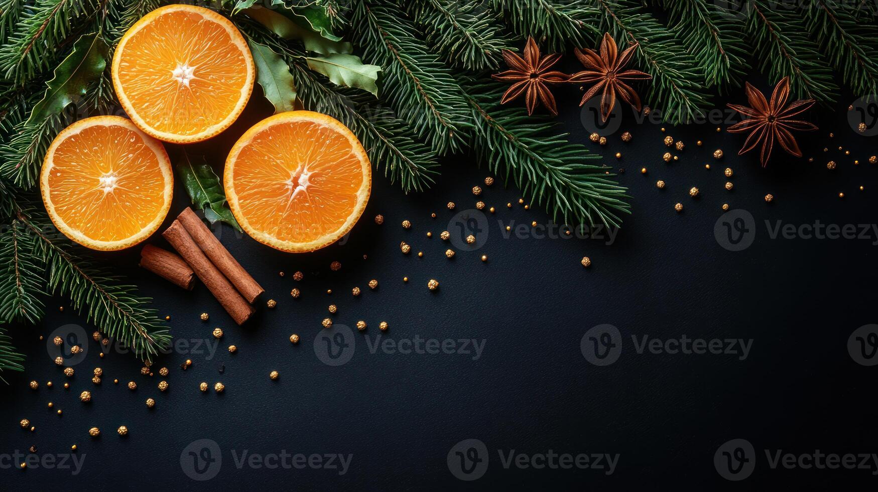 Christmas background with oranges and spices photo