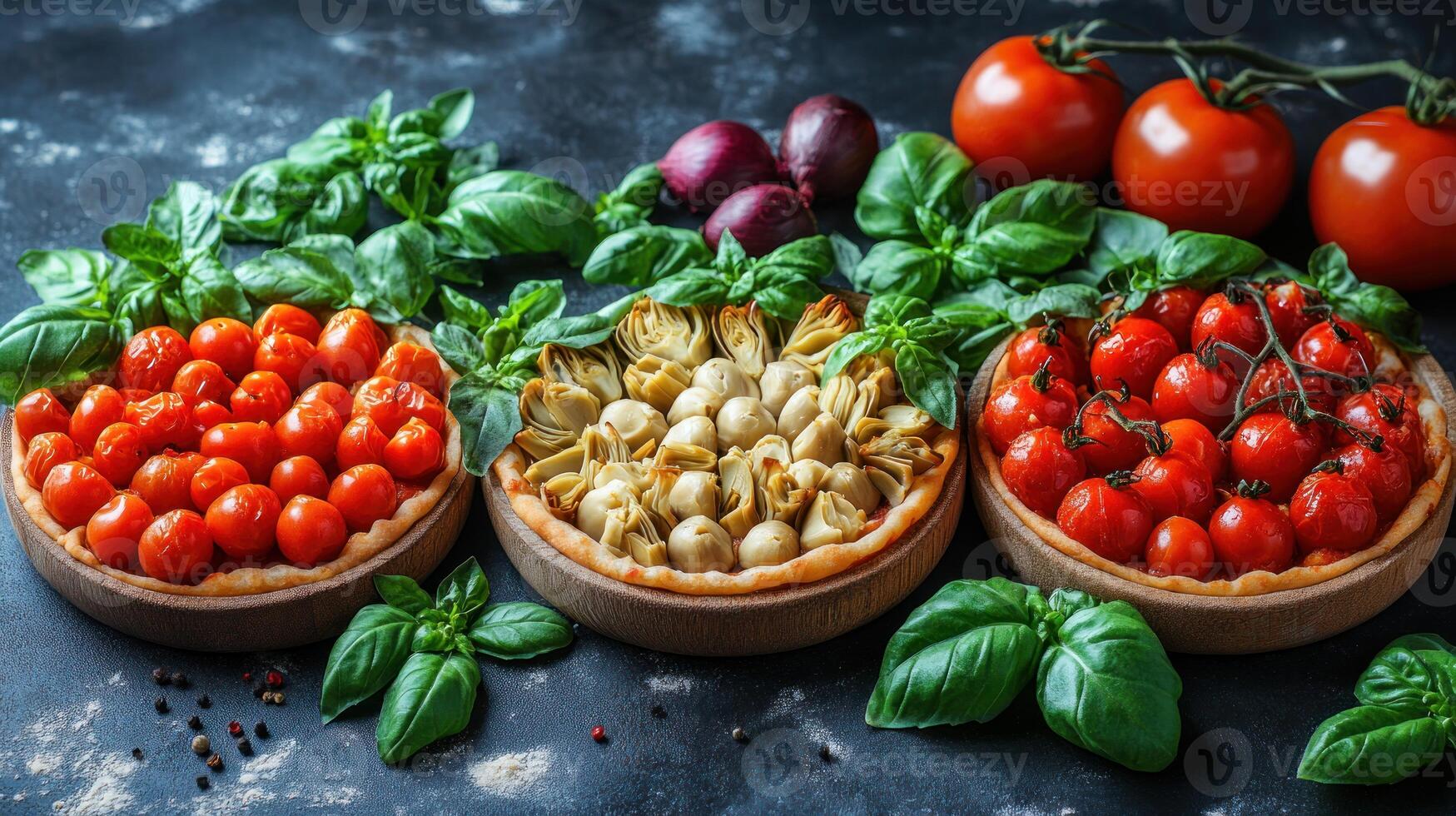 Fresh tomatoes, basil and pasta in bowls on a dark background photo