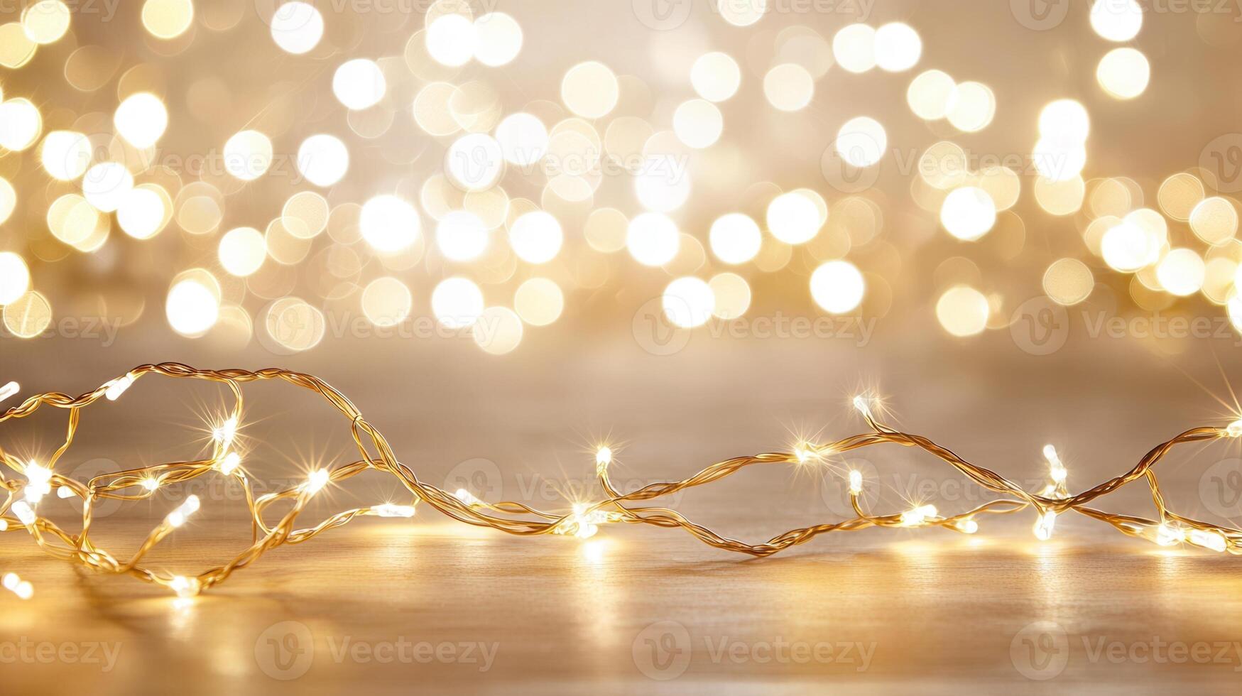 Twinkling christmas string lights casting warm golden glow against soft bokeh background, radiating festive holiday ambiance photo