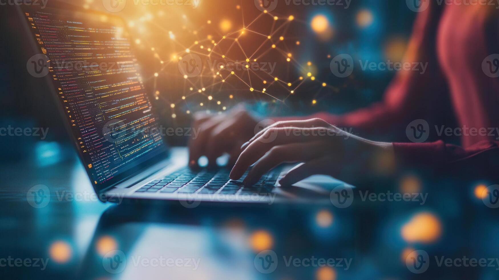 Computer engineer working hands programmer working on code on laptop keyboard illuminated by colorful bokeh effect in dark office at night IT support telecommunication internet network photo