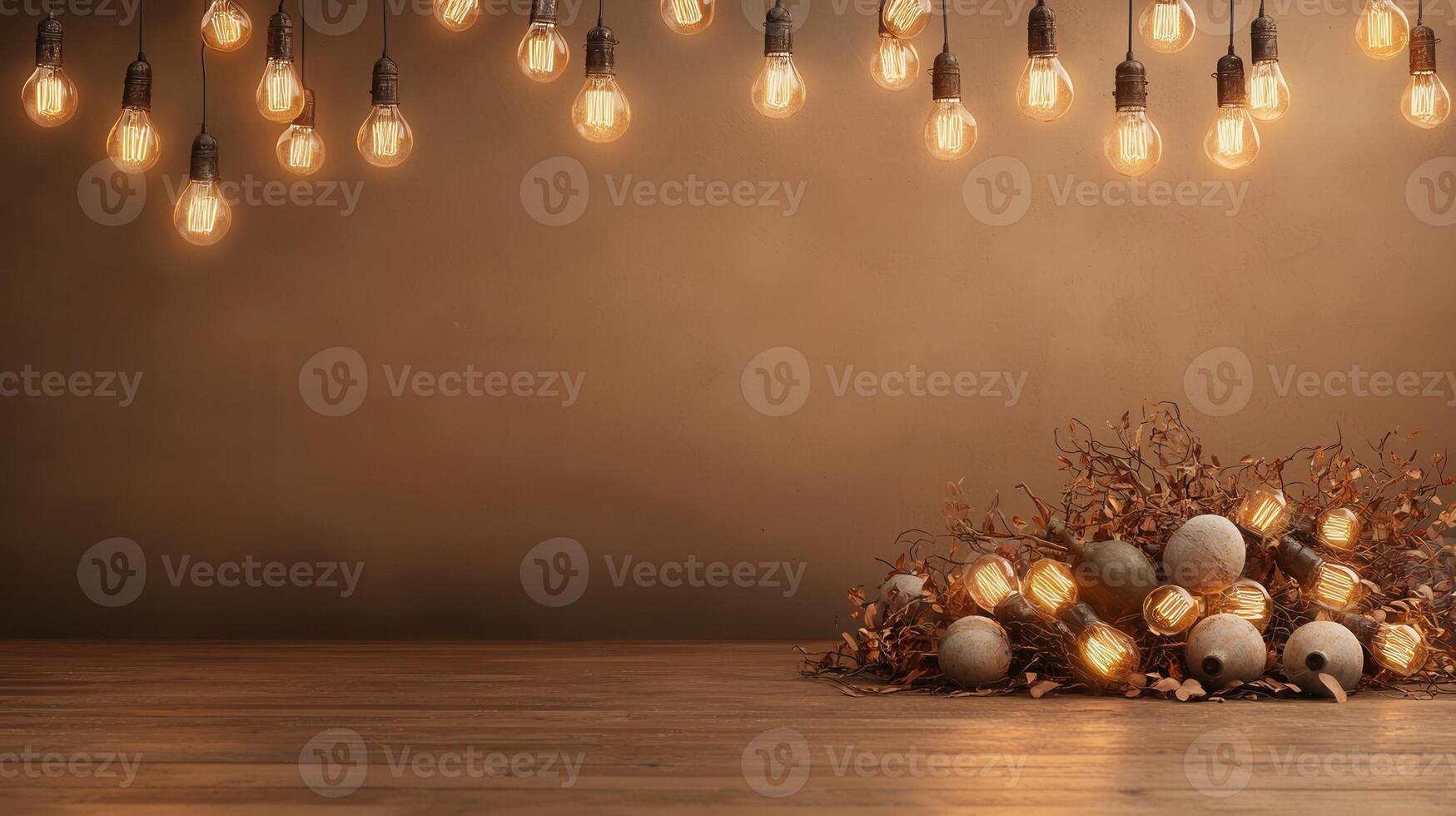 Christmas light bulbs hanging above gray tabletop with small potted pine tree creating warm holiday atmosphere background Copy space for text photo