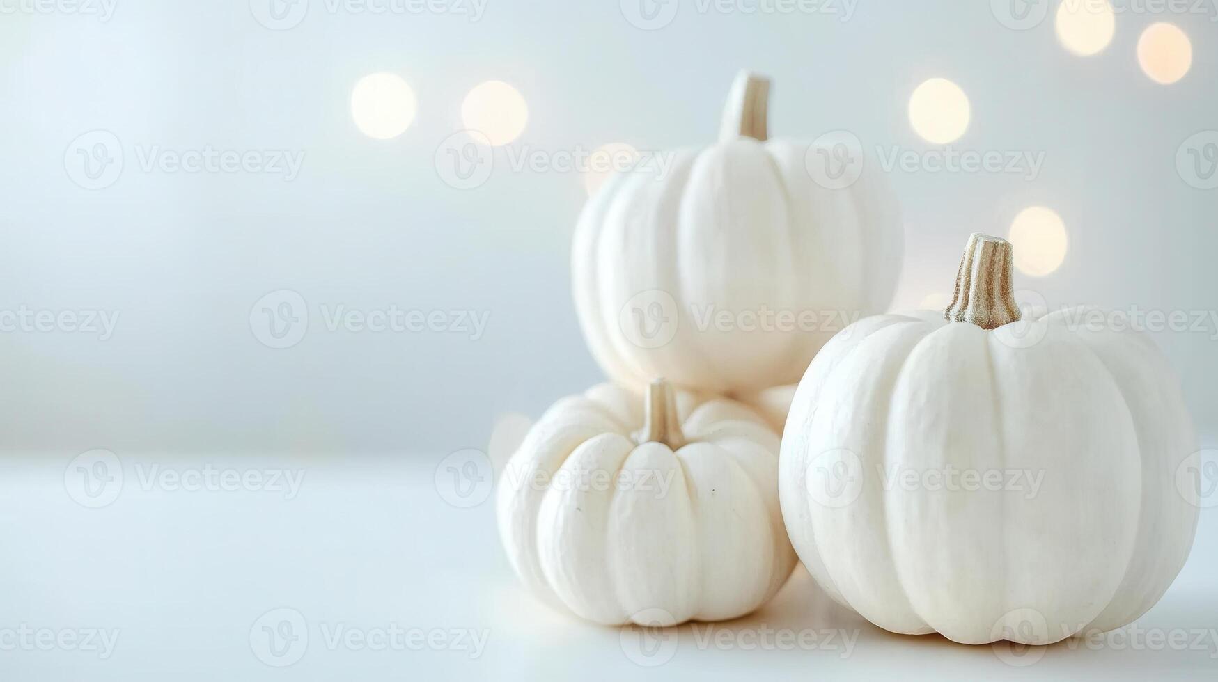 Rustic wooden autumn surface displaying white pumpkins nestled among soft presenting elegant fall seasonal decor with minimalist white thanksgiving background Copy space for text photo