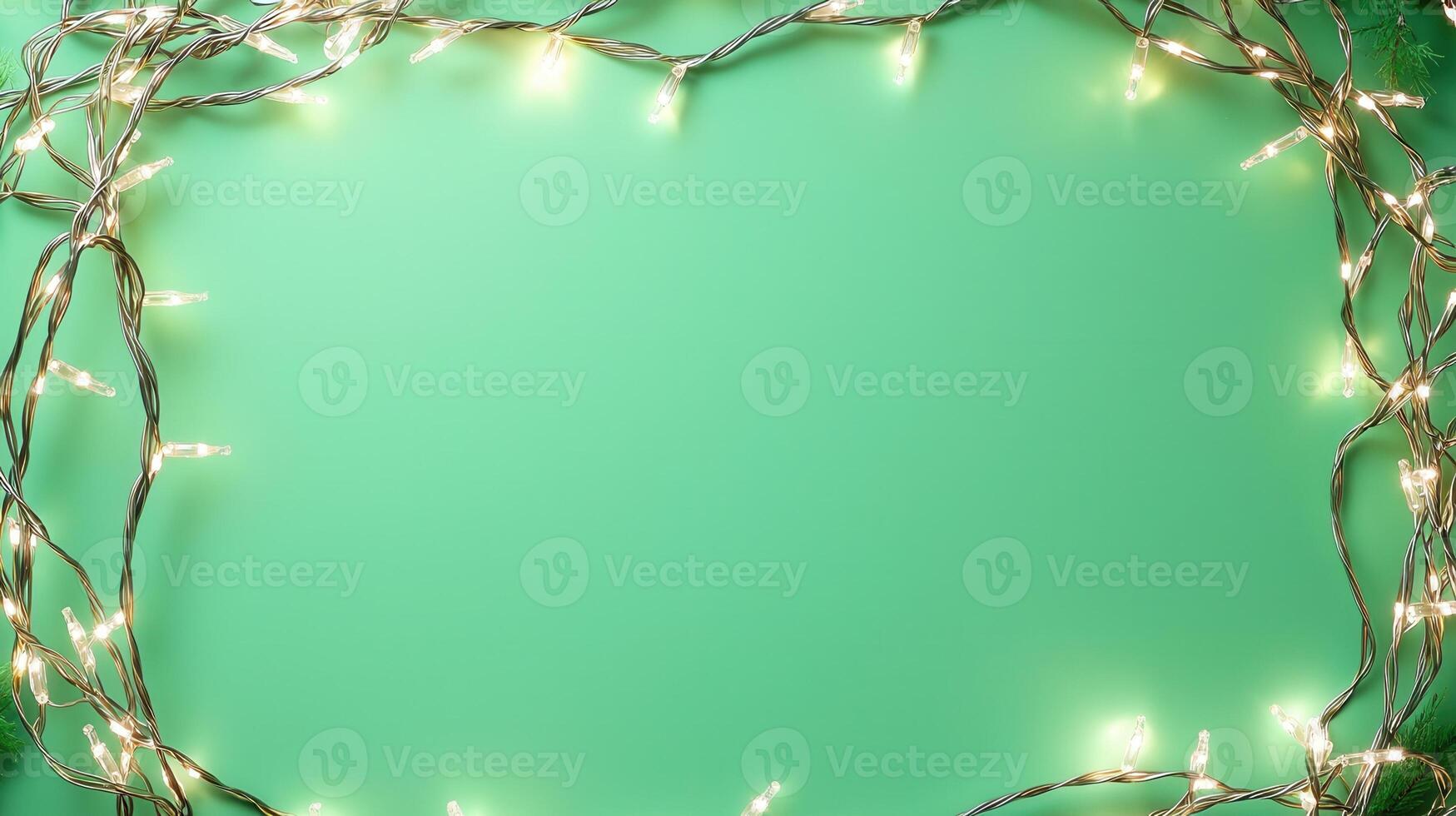 christmas Warm glow of string lights forming festive border, highlighting cozy holiday ambiance and celebratory mood green background Copy space for text photo