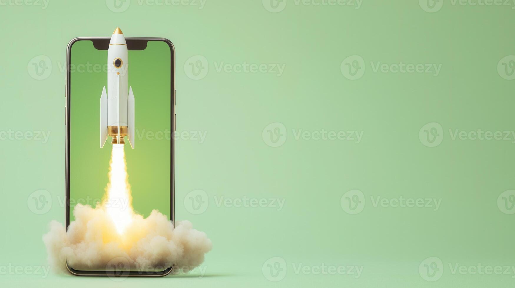 Startup concept with rocket taking off from a smartphone screen with smoke and green chroma key background Copy space for text photo