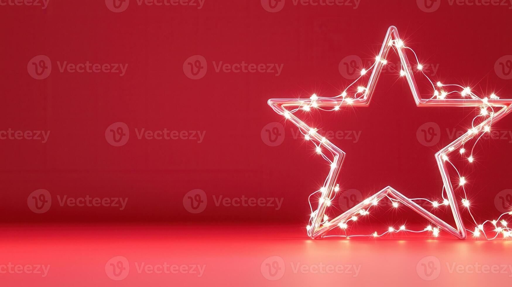 Glowing led star ornament nestling on surface, softly highlighted by warm fairy lights, creating festive holiday ambiance Copy space for text plain red background photo