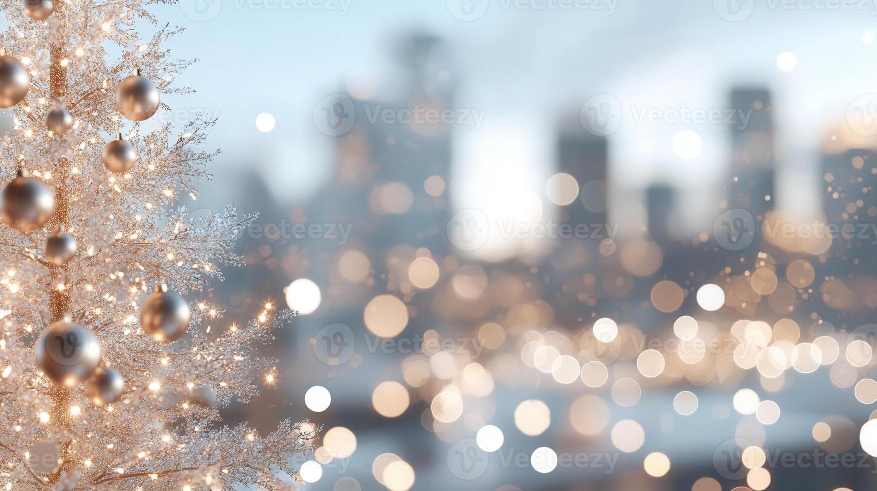 Soft abstract christmas string lights illuminating snowy landscape with vibrant sunset, casting magical winter bokeh glow across serene evening scene background photo