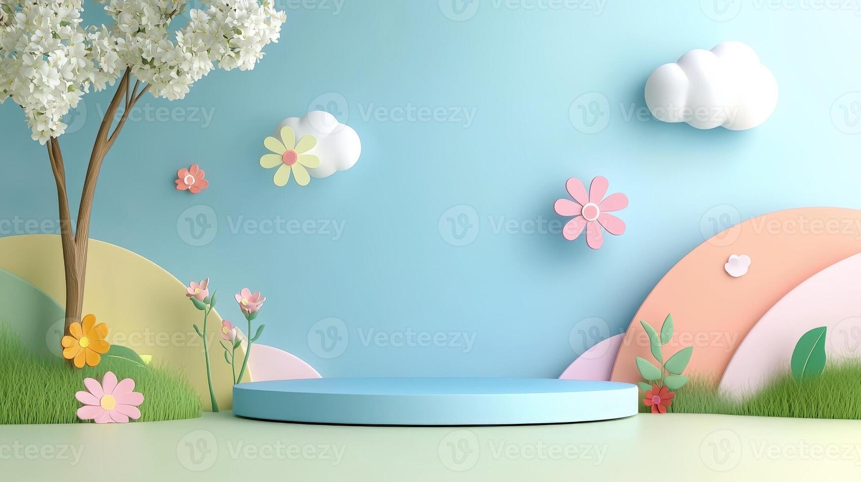 3d of a spring themed product display podium with blooming trees, flowers, and cartoon clouds, cheerful atmosphere pastel background photo