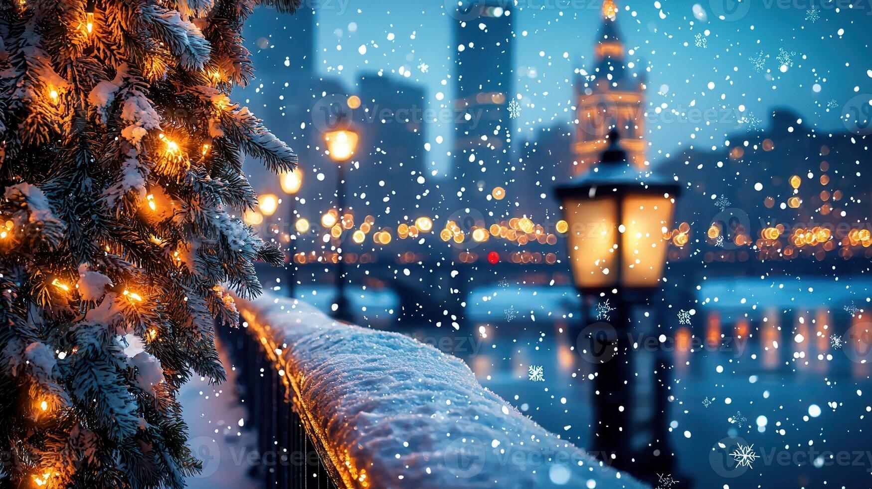 Christmas lights and colorful baubles decorating a snow covered winter city bridge railing at twilight, with a cityscape and falling in the background photo