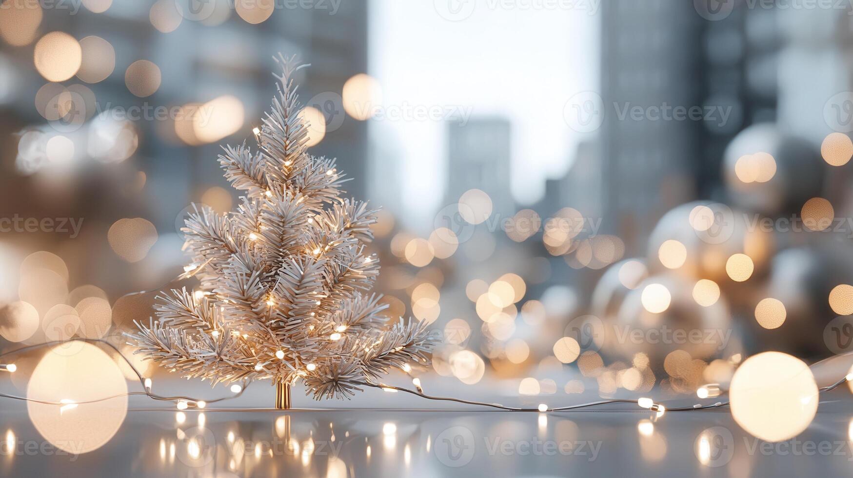 Soft abstract christmas string lights illuminating snowy landscape with vibrant sunset, casting magical winter bokeh glow across serene evening scene background photo